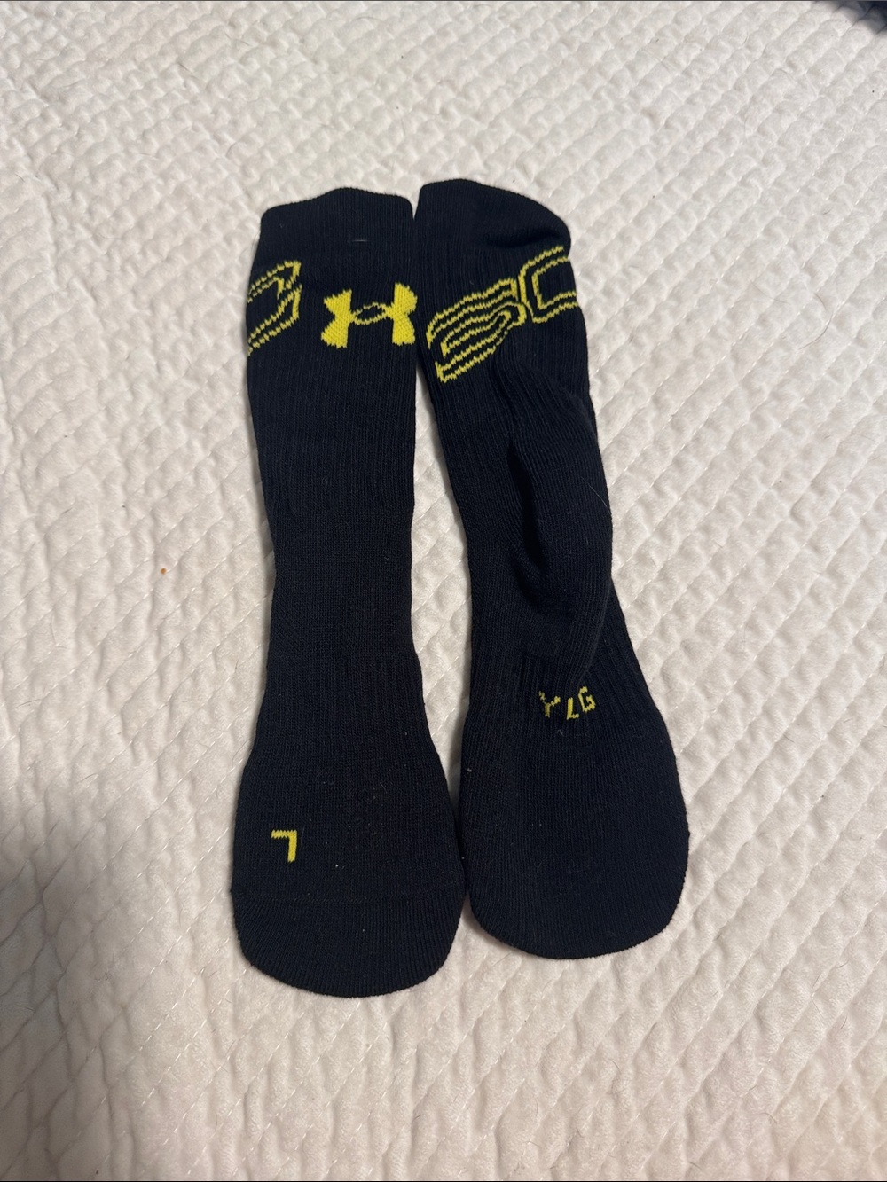 NWOT Under Armour Black Crew Athletic Socks with Yellow Logo Accents